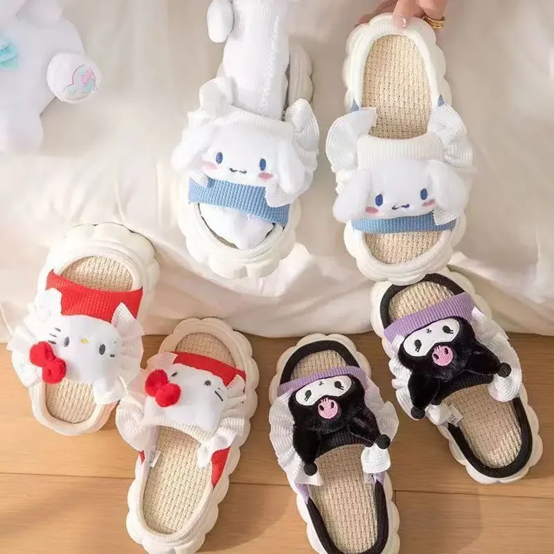 Urocza rodzina Hello Kitty Cinnamoroll Kuromi kreskówka Kawaii dla dziewcząt cztery pory roku domowa bawełna i lniane pantofle