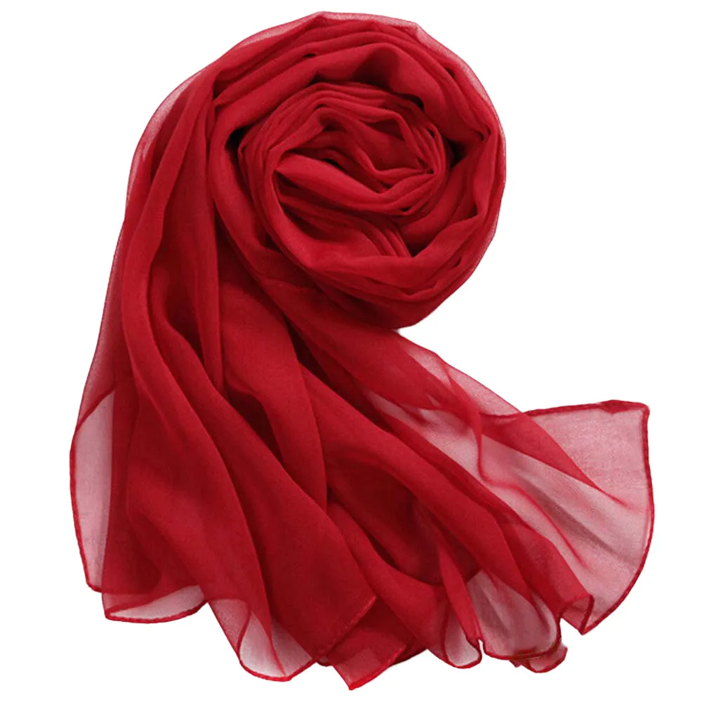 Women's casual chiffon scarf red solid color thin shawl silk scarf sunscreen beach mulberry silk travel thickened silk scarf