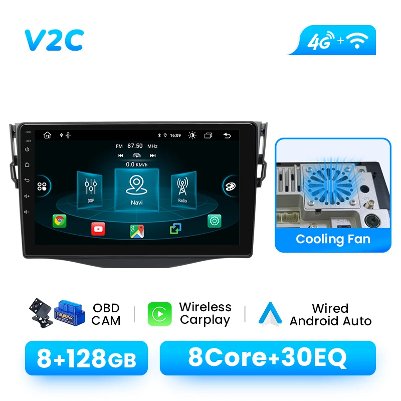 Autoradio Speler Voor Toyota RAV4 2007-2011 Android 14 GPS Navigatie Draadloze Carplay DSP AI Voice Audio multimedia GEEN 2Din