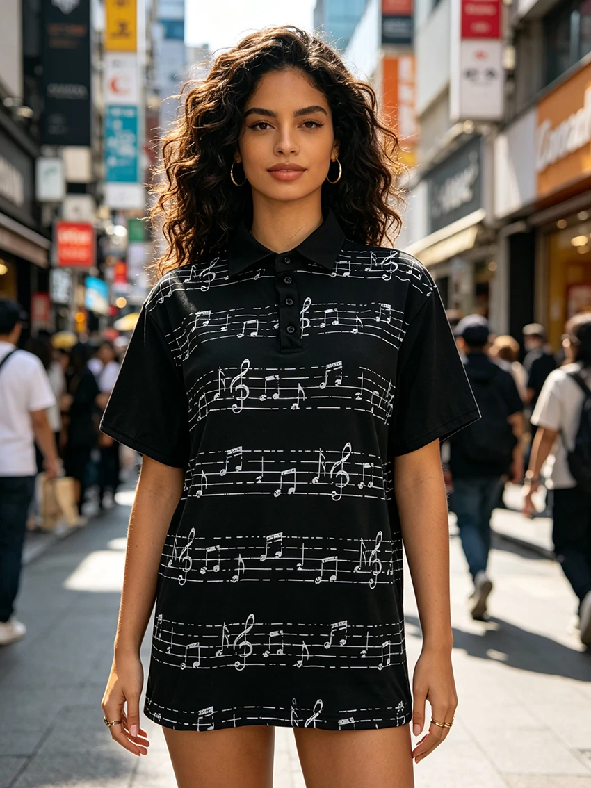 Women Y2K Music Note Print Polo Shirt Black Short Sleeve Collared Tops Fashionable Casual Vintage Aesthetics Streetwear Blouse
