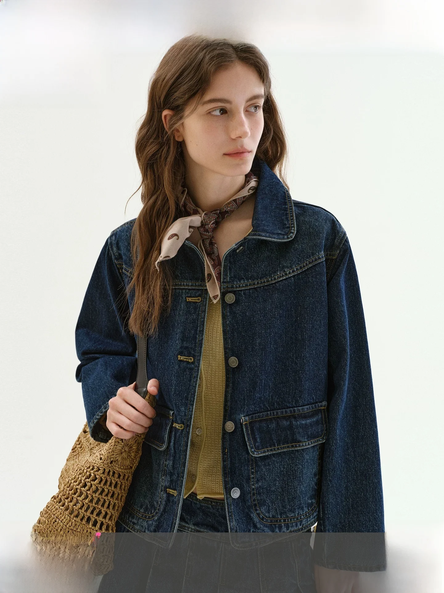 

Fano Vintage Short Denim Jacket Women's Turn-down Collar Shoulder-baring Color Block Washed Top Cotton Blend Commute Style