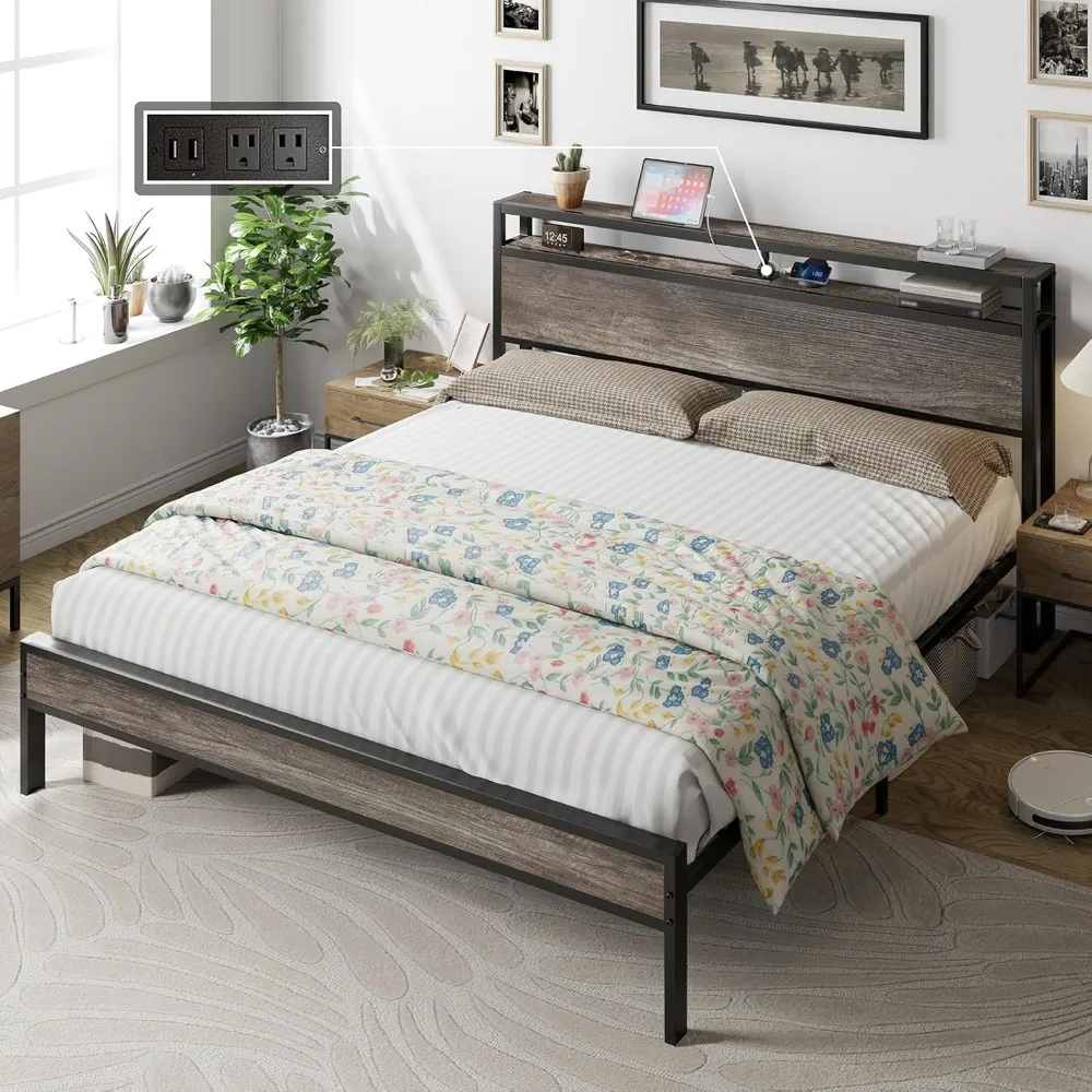 

King Size Bed Frame with Charging Station, 2-Tier Storage Headboard No Box Spring Needed Noise-Free, Industrial Platform Bed