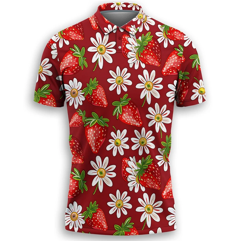 الكرتون الفراولة قميص بولو الرجال Kawaii الشارع قصيرة الأكمام تيز ثلاثية الأبعاد المطبوعة الفواكه زر التلبيب تي شيرت بلايز عادية الفاكهة المحملة #4