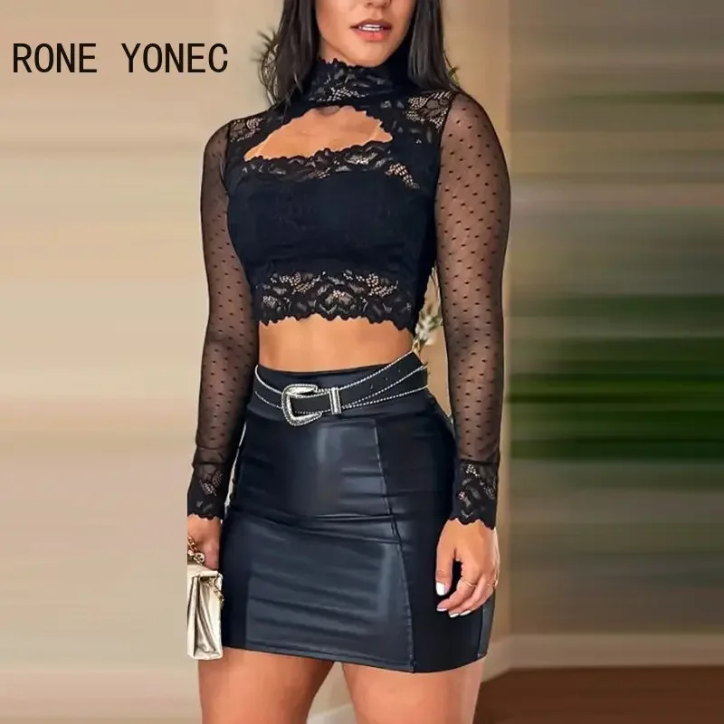 Women Chic Long Sleeves Short Lace Tops Pu Leather Bottom with Belt Button Bodycon Mini Sexy Skirt Sets