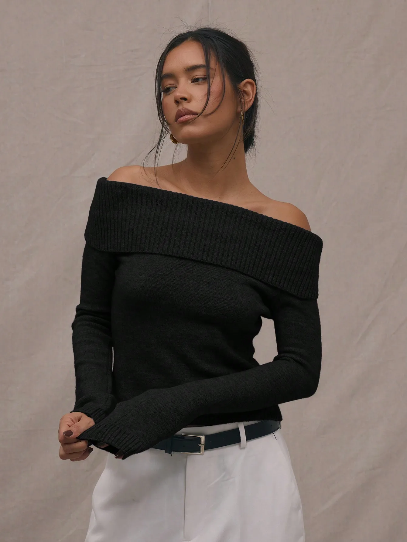 

Off Shoulder Knit Sweater for Women, Fold Over Design, Casual Chic Pullover Top, Y2K Style