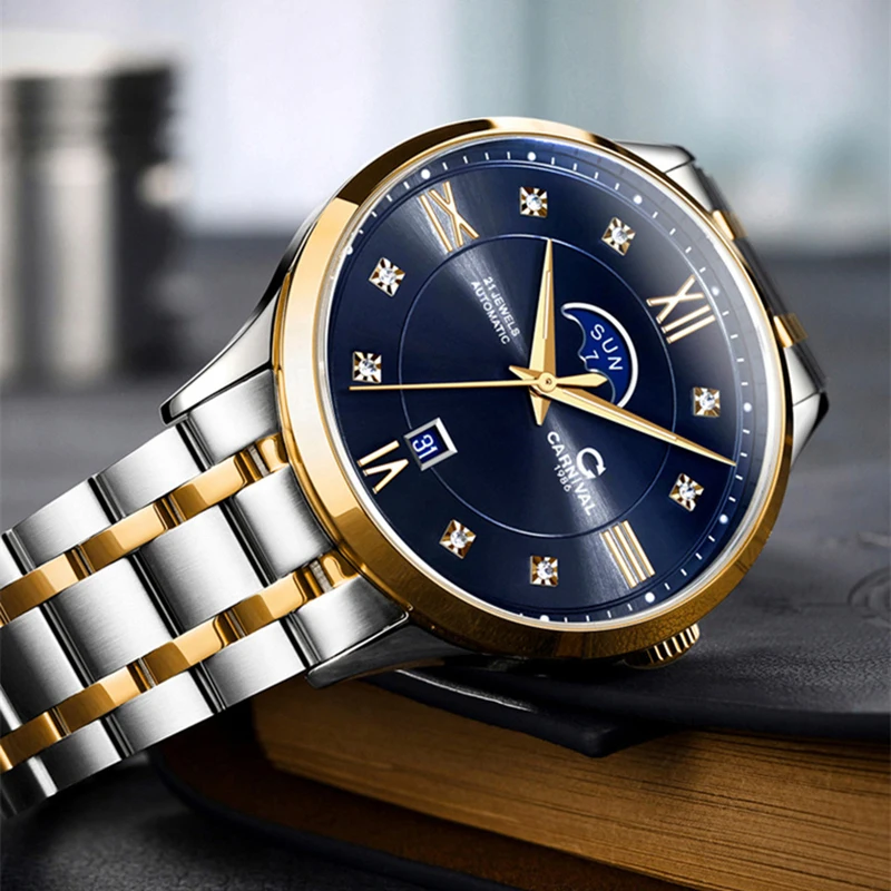 CARNIVAL Luxury Men's Automatic Watch Top Brand Mechanical Frame Original Silver Fashion Watch Waterproof Clock Relogio