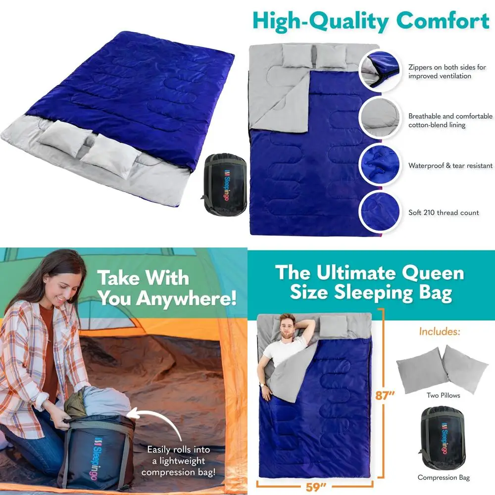 

Водонепроницаемые двойные спальные мешки королевского размера для взрослых, походов, кемпинга, пеших прогулок — идеально подходят для грузовиков и палаток