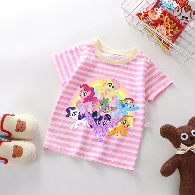 Camiseta listrada dos meus pequenos ponys, roupas infantis kawaii, unicórnio, desenho animado, anime, manga curta, roupas para casa, top kawaii