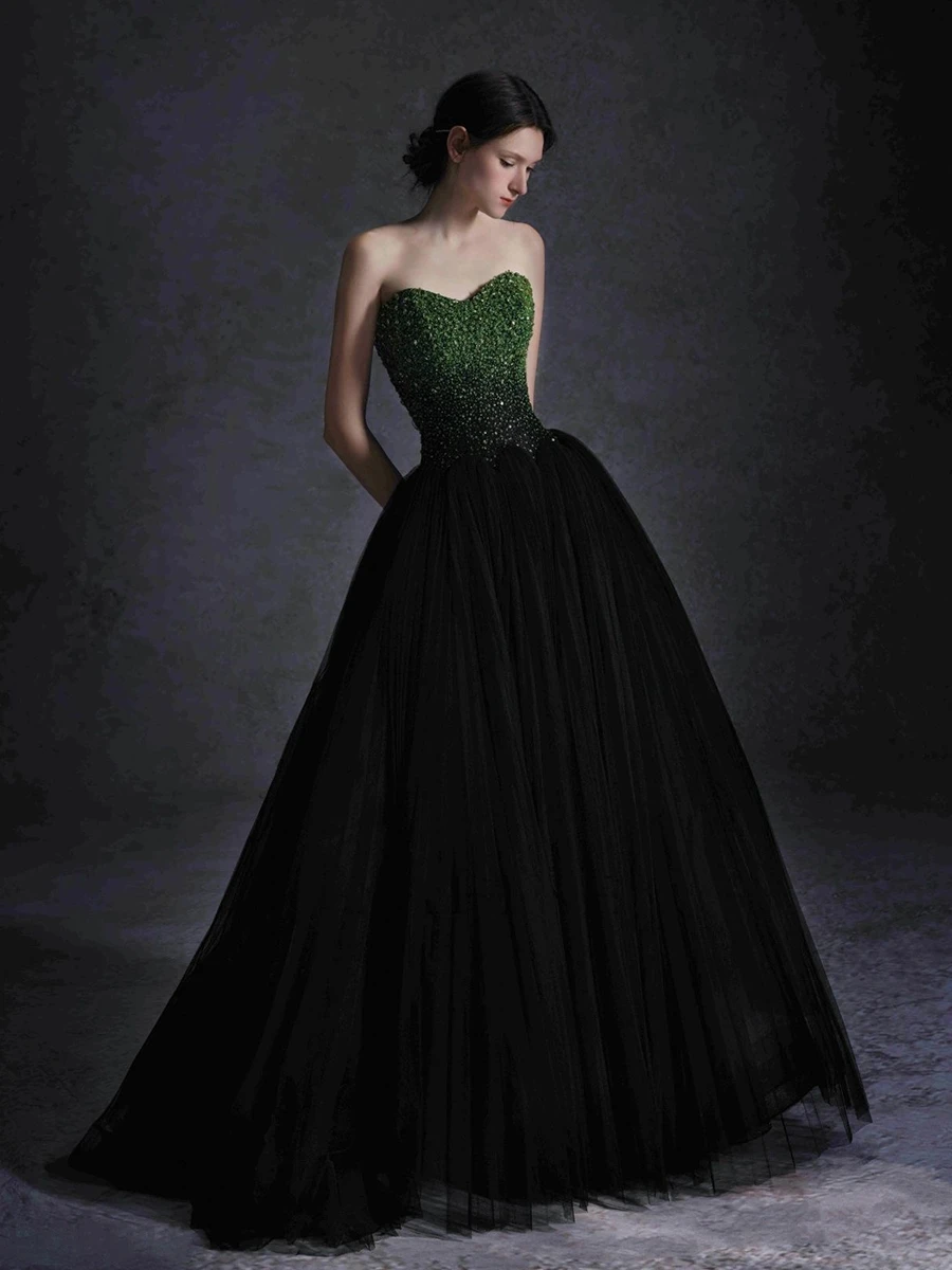 

Vintage Black Green Prom Dresses Strapless Pleated Tulle Floor-length Beading Birthday Performance Evening Party Gowns New