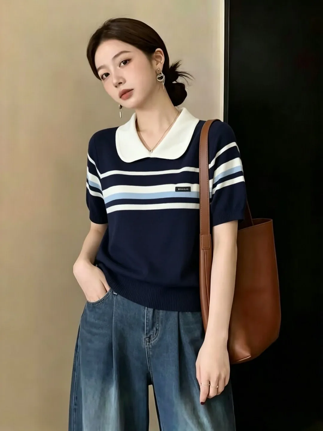 

High-End Korean Japanese Short-Sleeve Knitted Shirt Striped Doll Collar Slimming Top plus Size Casual Summer Fashion