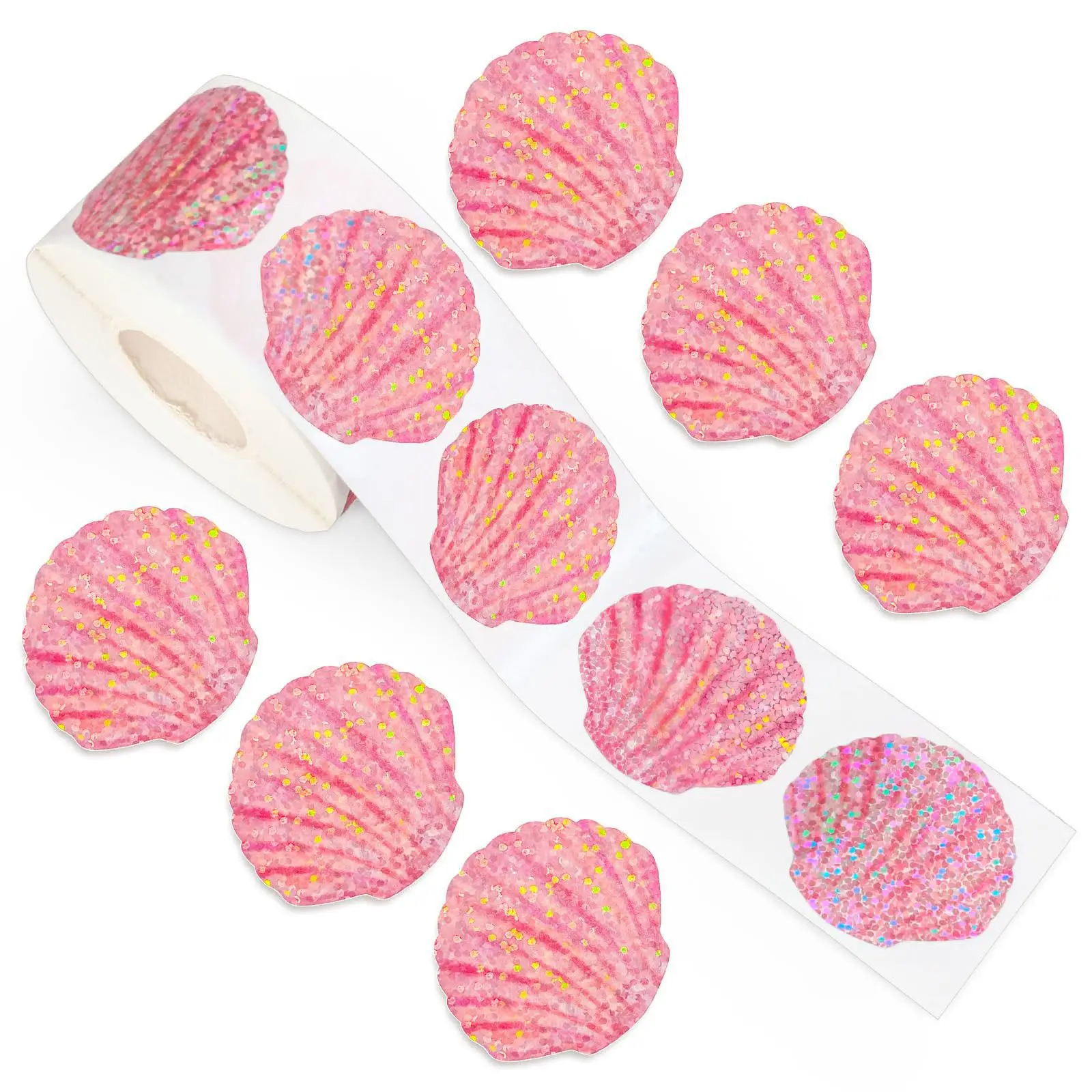 500 Pcs Summer Seashell Stickers Roll Holographic Seal Stickers Glitter Pink Sea Shell Sparkly Self-Adhesive Decals for Birthday