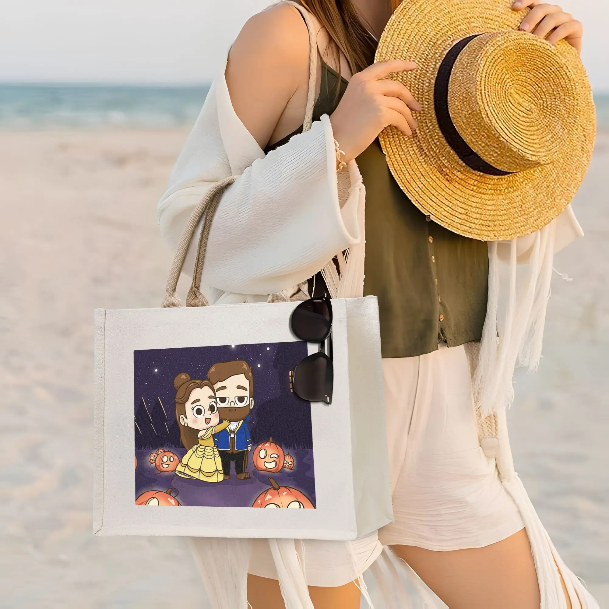 

Pibu-Beauty and Beast - Сумки для покупок Pibubear, холщовая сумка-тоут, многоразовая, для женщин, сумка через плечо, дорожная сумка