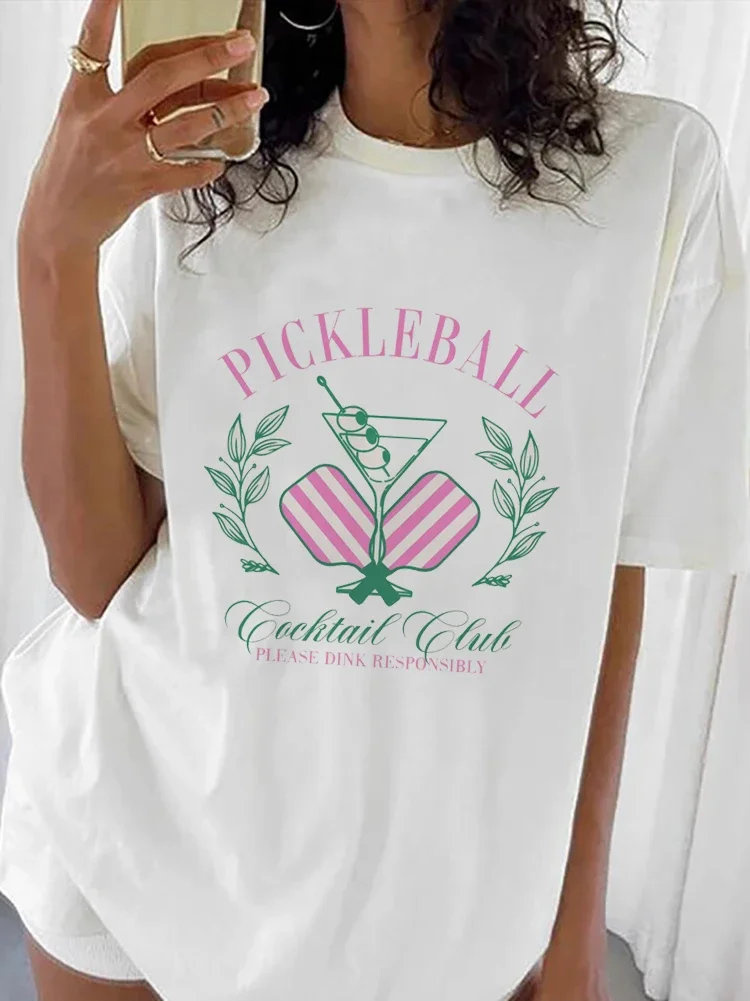 

Pickleball Design Women's Clothing Cartoon Pattern T-Shirt Women's Summer Leisure Style Trendy Fashion Women's O-Neck T-Shirt.