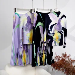 Miyake gonna a fiori pieghettati vestito Pullover elasticizzato da donna top + gonna stampata floreale a vita alta Holiday Runway Set a due pezzi