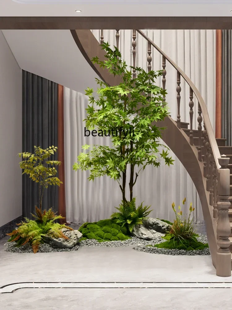 Simulation green plant maple rockery stone landscaping under the rotating staircase green plant stone landscape decoration