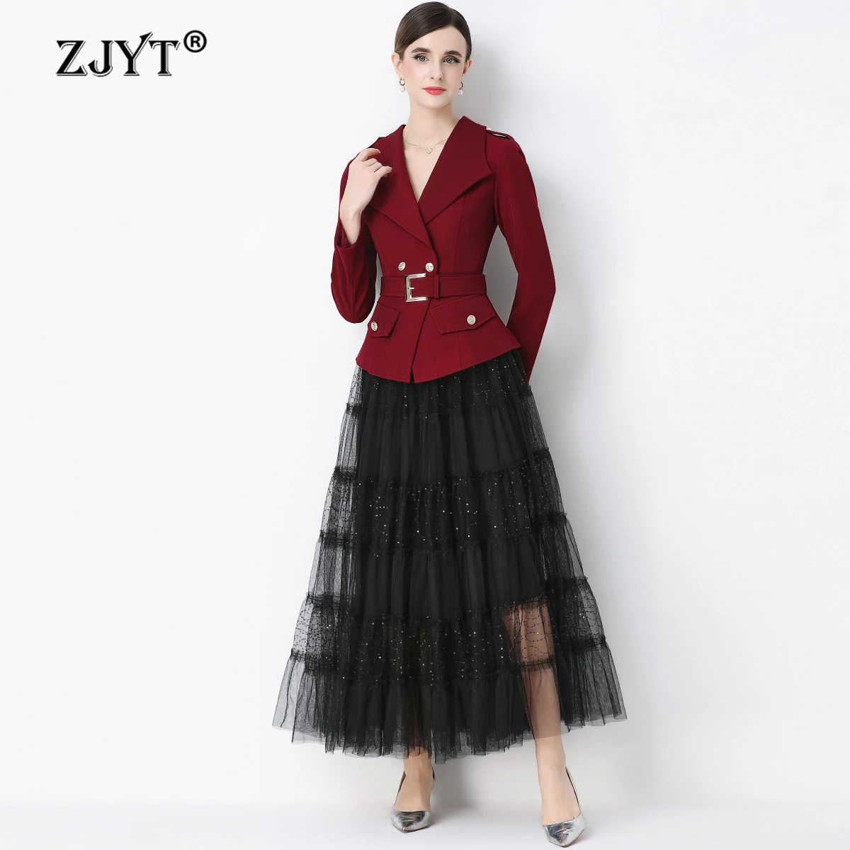 ZJYT 우아한 메쉬 롱 드레스 수트 재킷 2피스 세트 여성 의상 2026년 봄 신상 캐주얼 여성 세트 레드 블랙 파티