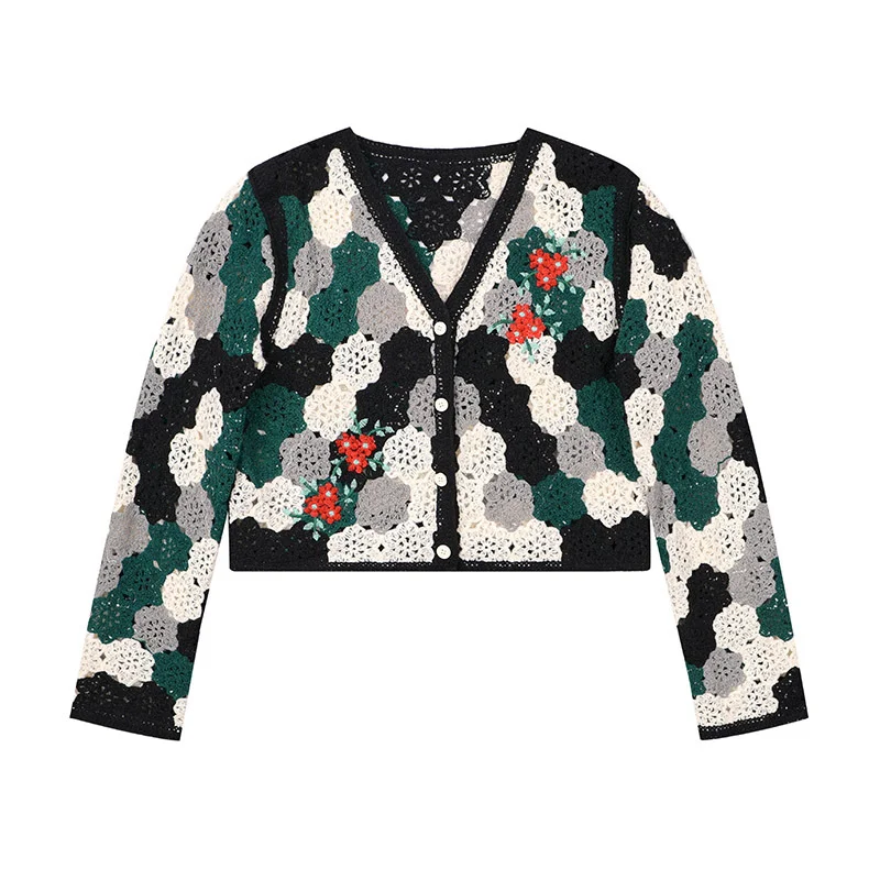 E-BAIHUI Bohemian Floral Women Crochet Cardigan Hollow Out Long Sleeve Open Front Sweater Ladies Trendy Knitted Slim V Neck Top view 6