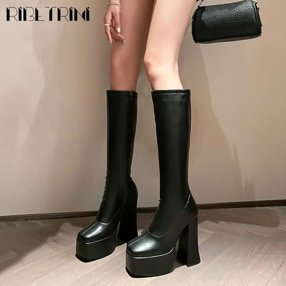 Retro Comfy Fashion High Heeled Women Boots Vintage Simple Zipper Plus Size 40-46 Motorcycle Boots Chunky Casual Winter Shoes