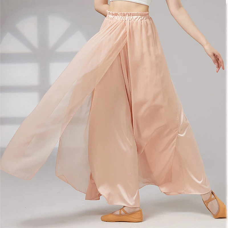 Chinese Folk Dance Pants for Women Double Layer Chiffon Mesh Classical Dancing Loose Wide Leg Modern Dance Practice Performance
