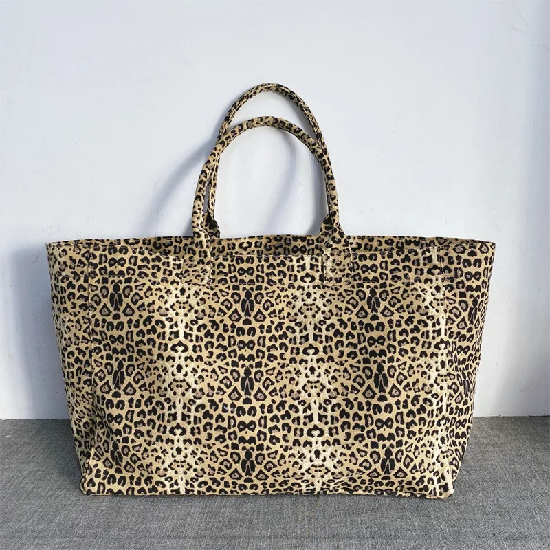 Unisex Leopard Print Embroidery Canvas Tote Bag Casual Handbag Reusable Shopping Bag Fashion Shoulder Bag for Men Women Daily