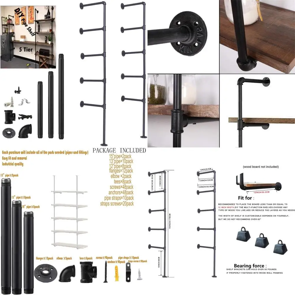 

Industrial 5-Tier Wall Mount Iron Pipe Shelf - Vintage Retro Design for Ceiling Hung Bookshelf Storage DIY Open Shelving