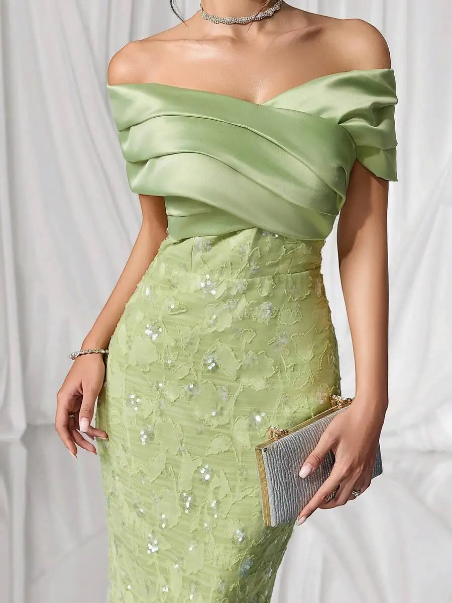 

Mint Green Off-Shoulder Satin Top with Embroidered Sequin Skirt, Back Slit Formal Dress
