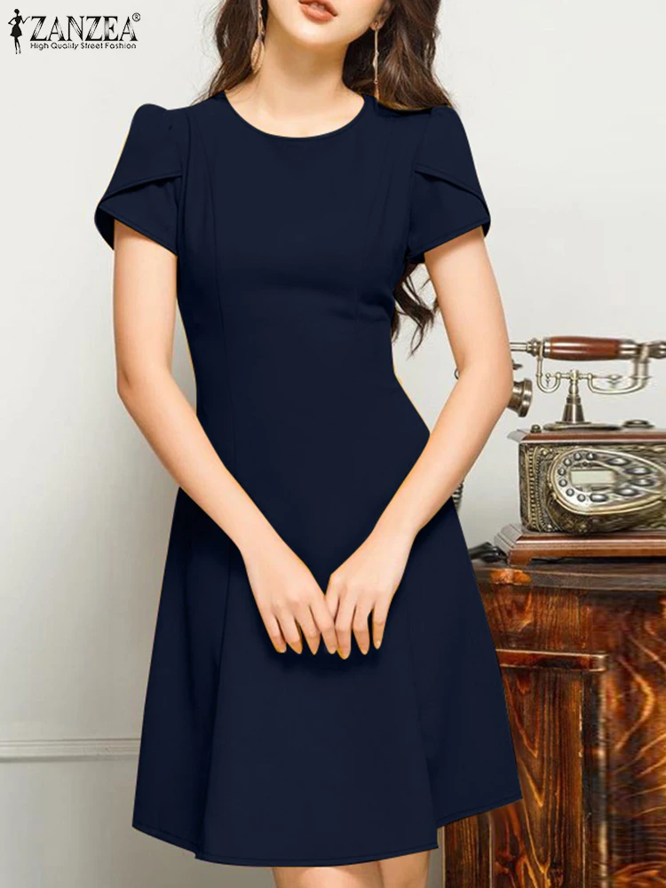 ZANZEA 2025 Summer Dress Women Elegant Short Sleeve Waisted Party Sundress Solid Work OL A-line Dresses Stylish Knee-length Robe