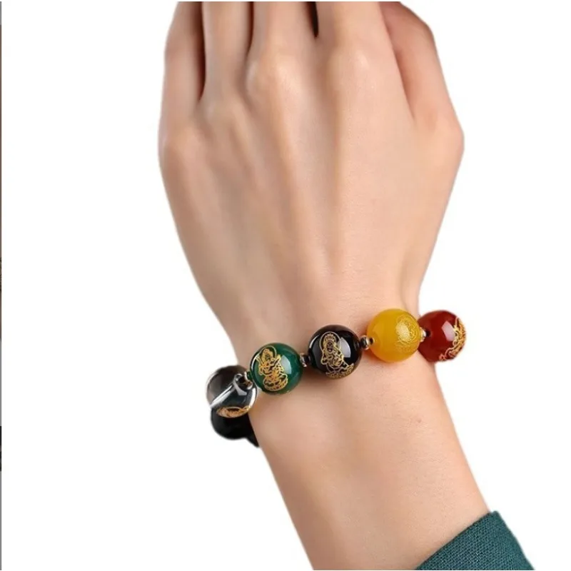 Natural Obsidian Five God of Wealth Bracelet 2026 Year of Snake Unisex 925 Silver Bracelet Gifts