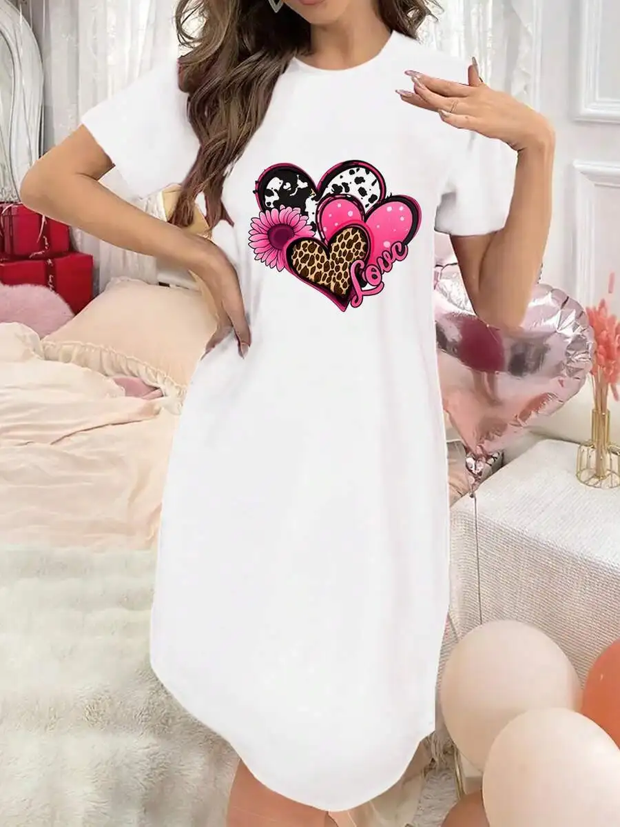 

Womens White Heart Print Pajama Dress With Leopard And Floral Design