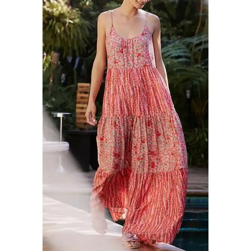 Combhasaki ผู้หญิงฤดูร้อน Boho Beachwear ดอกไม้พิมพ์ Contrast สีรอบคอ Backless หลวม A-Line Cami ชุดยาว