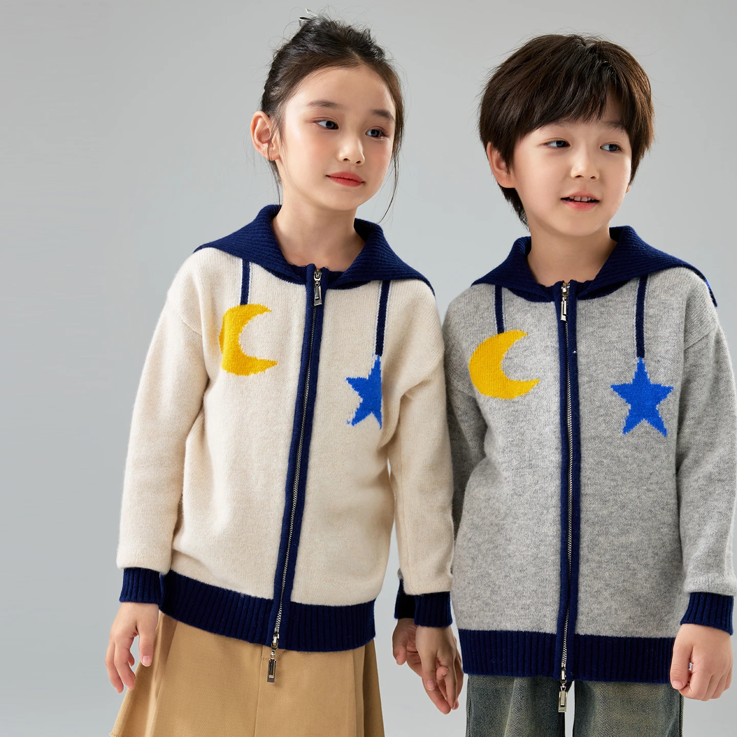 Children Pure Wool Sweater Cardigan Autumn Winter Boys Girls 100% Wool Navy collar zipper Knitwear Kids Long Sleeve Thick Tops