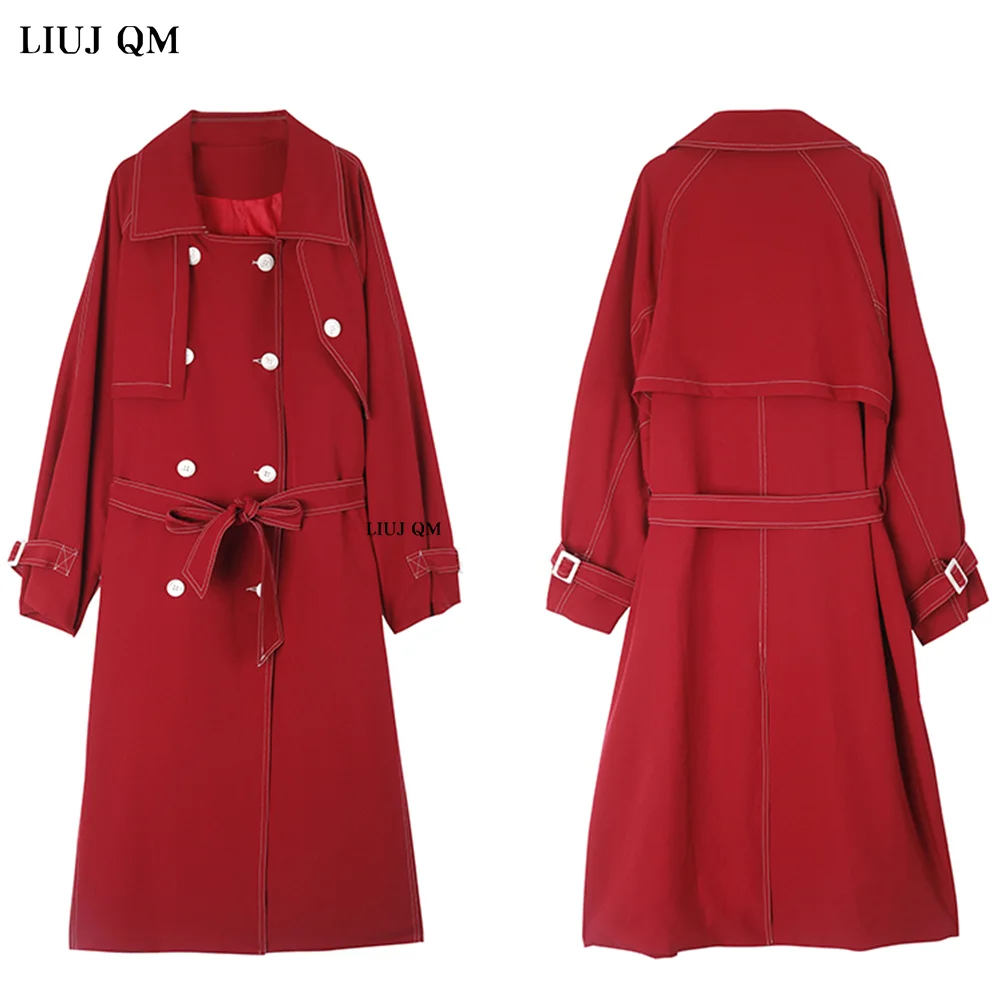 Spring Autumn Double Breasted Trench Coat Women\'s Temperament  Red Windbreaker Overcoat Woman Long Over Knee England Style 2023