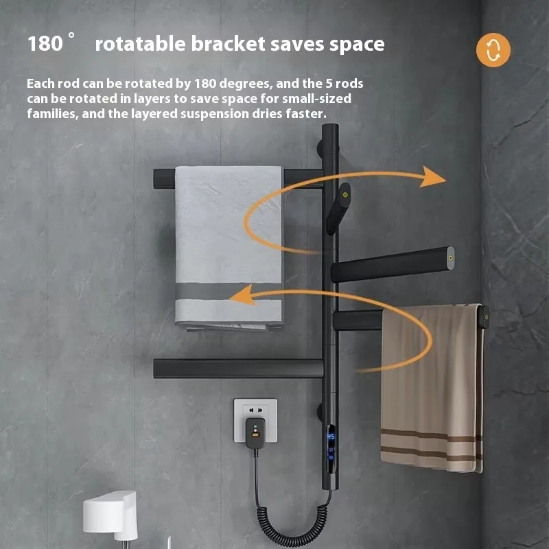 180° Rotating 4-Bar Warmer Towel Rack Wall Mounted with 1-9H Timer and Multi-Level Adjustments for Hotels and Bathrooms