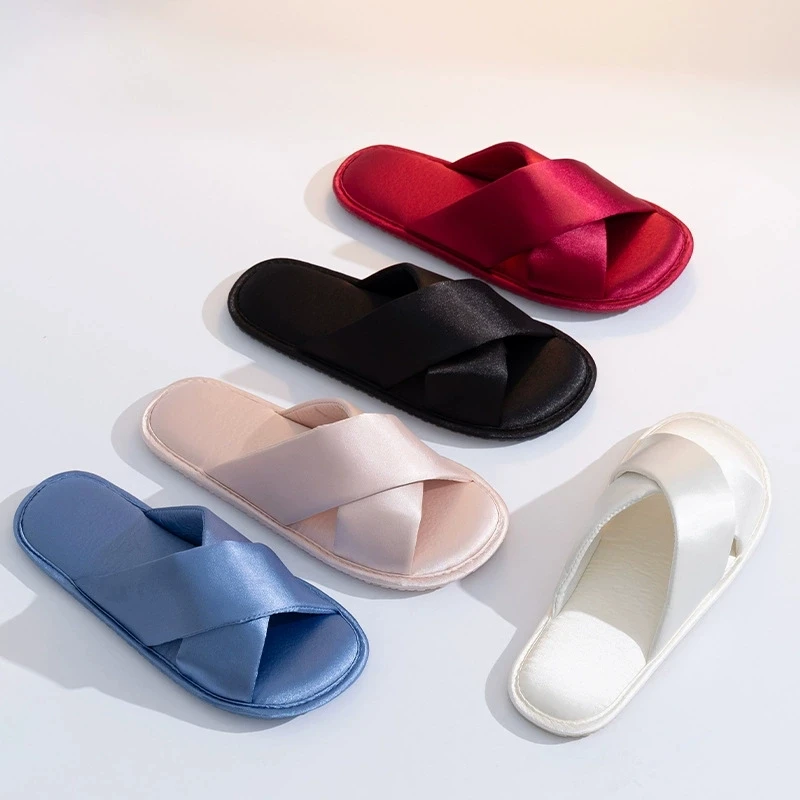 

Women Satin Cross Strap Slippers Open Toe Soft Non-slip Indoor House Slides for Bridal Wedding Home Bedroom House Shoes Women