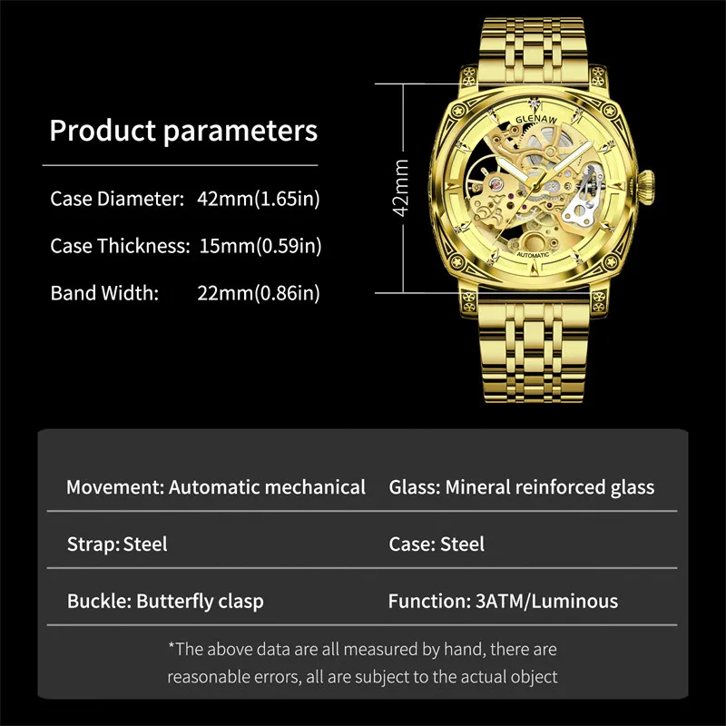 GLENAW Men Watch Skeleton Mechanical  Wristwatch Gold Skeleton Retro Man Watch Top Brand Luxury Clock Mens Watches Reloj Hombre