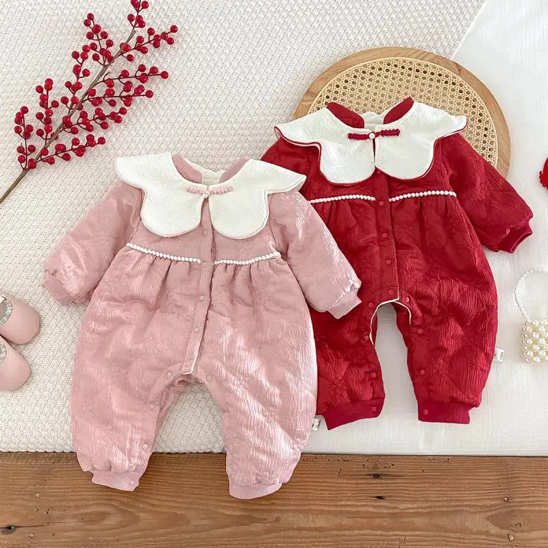 Baby Warm New Year Christmas Rompers 0-2 Year Old Korean Childrens Wear Winter Bodysuit Toddler Girls Sweetheart Outwear