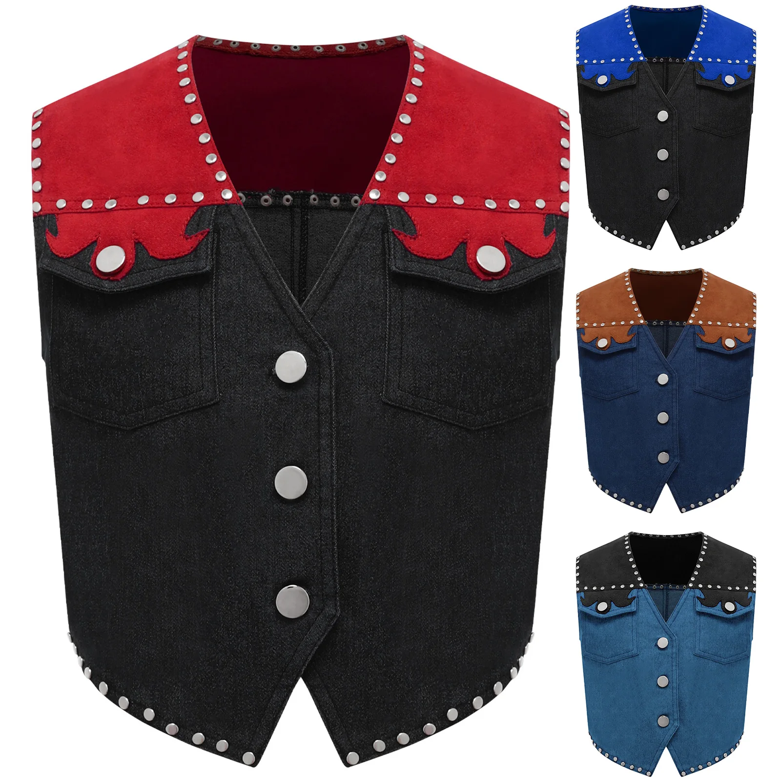 Kids Boys Western Cowboy Costume Halloween Waistcoat Buttons Rivet Fringe Sleeveless Vest Denim Themed Party Cosplay Role Play view 2