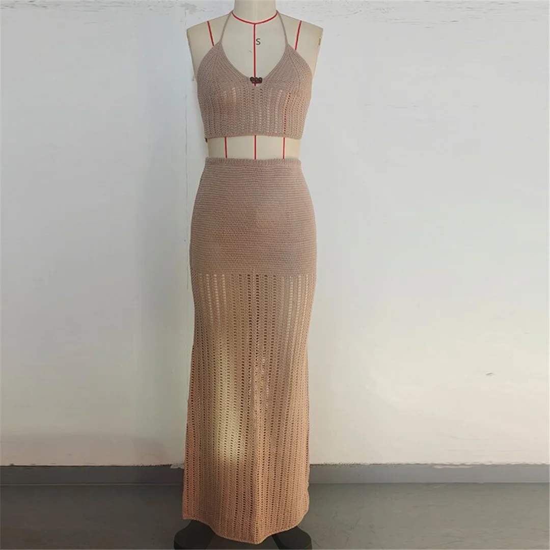 V-Ausschnitt, Halterneck, einfarbig, gehäkelt, gestrickt, zweiteiliger Anzug, Strandkleid, Strandmode, Strandbekleidung, Strandüberwurf, Damen, V7648 – Detail 11