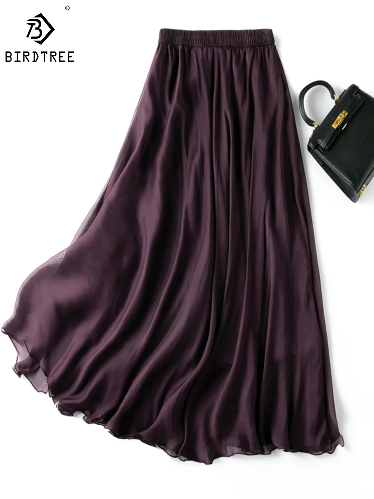 Birdtree 12MM 100% Natural Silk Skirts Three Layer Women Purple Elastic Waist Loose Swing Maxi Skirts Summer New 2023 D35941M