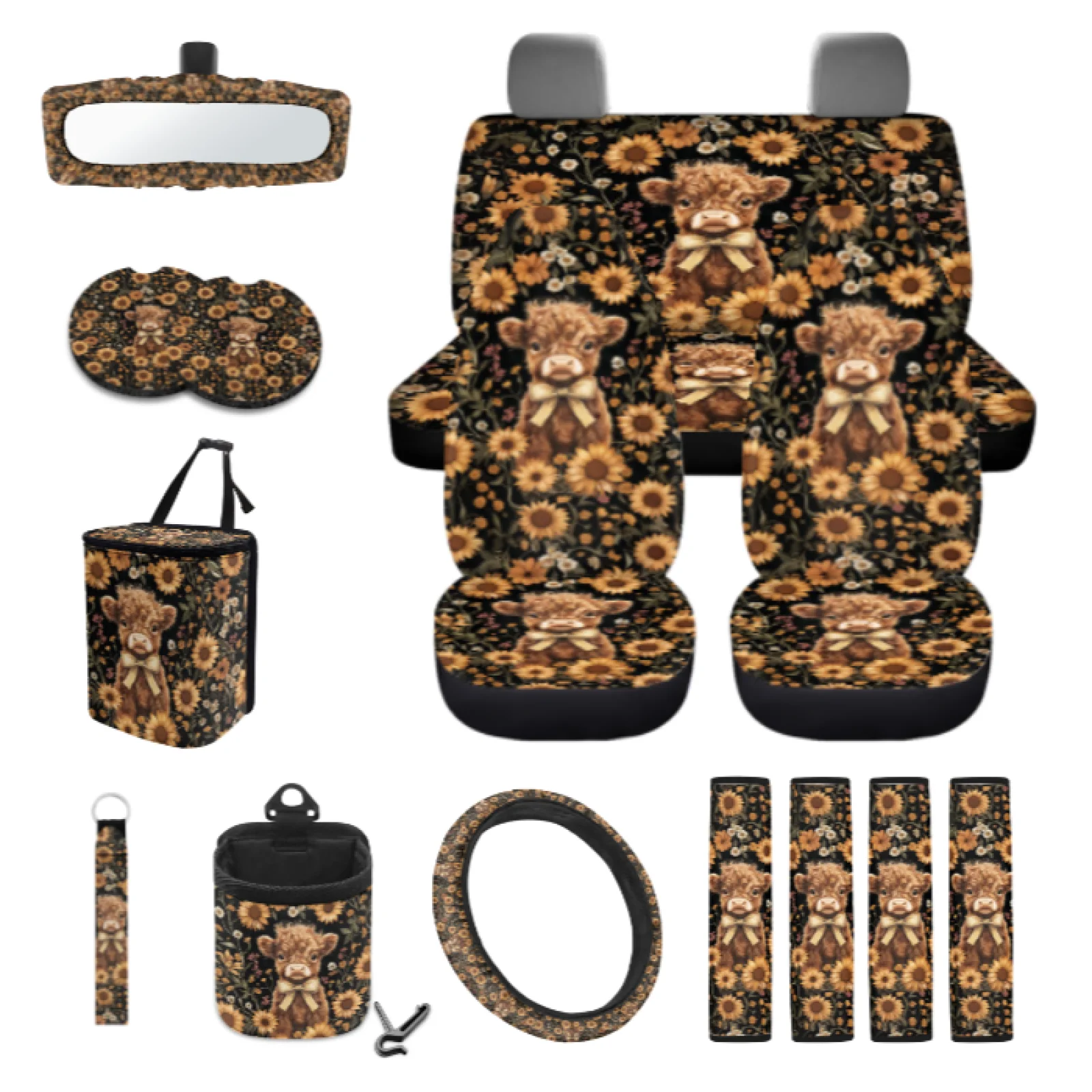 Coloranimal Highland Cow 15 Piece with Utility Car Steering Wheel Cover and Car Coasters for Auto