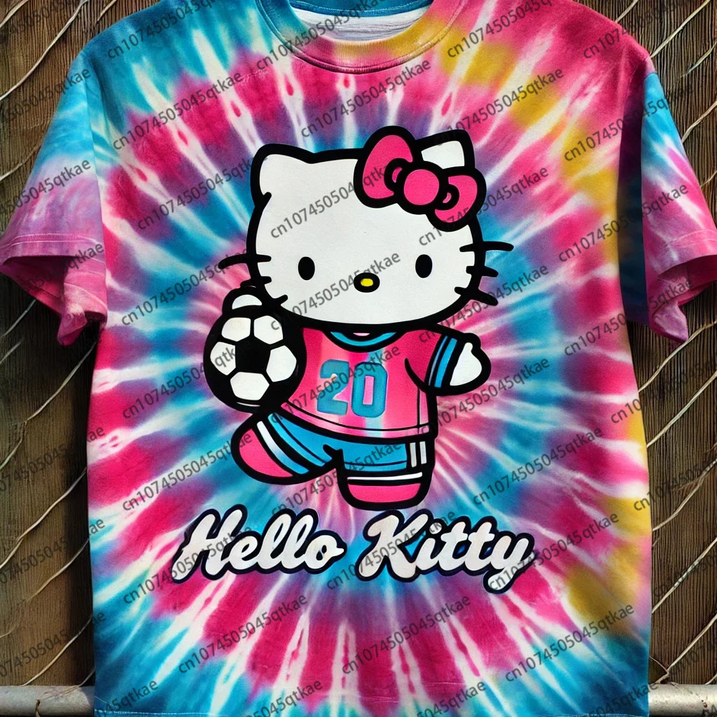 2025 New Hello Kitty Tie Dyed  3D Tshirt European American Fashion Brand Gradient Short Sleeve Women Summer Loose Top Streetwear