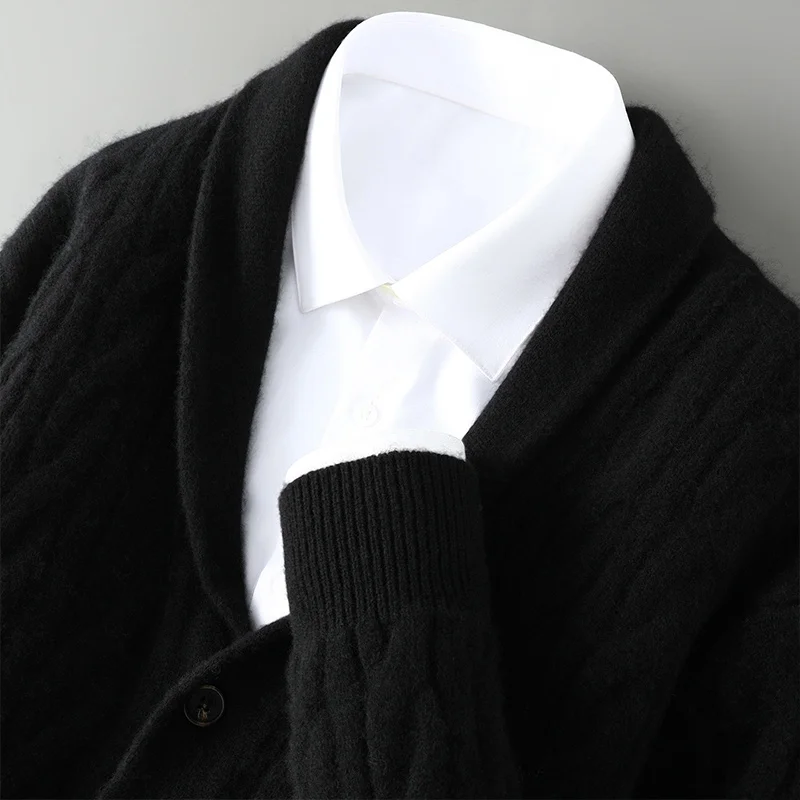 Men's 100% Merino Wool Shawl Collar Allover Twist Cable Jumper Long Sleeve Warm Cloudy For Casual Meeting Winter Fresh Arrival