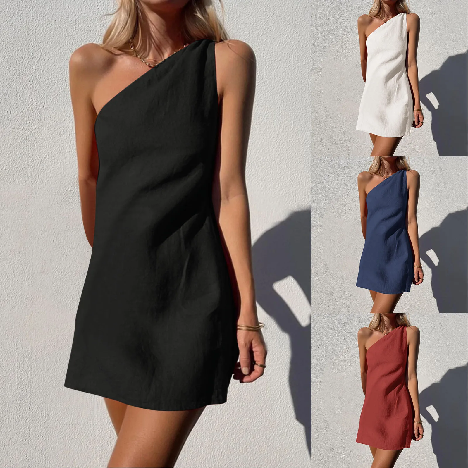 One Shoulder Cotton Linen Short Dresses Female Solid Color Loose Knee Length Dress Summer Vestidos Beach Midi Dress Vestidos