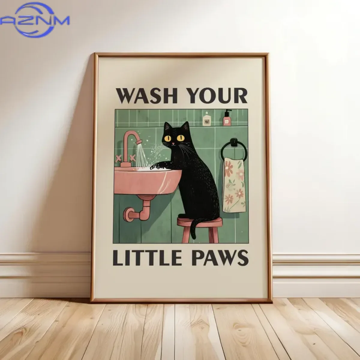 „Wasch deine Pfoten“ Katzenillustration Leinwanddrucke Poster Moderne lustige Tierkunstdrucke Waschraum Badezimmer Heimdekor Kunstposter