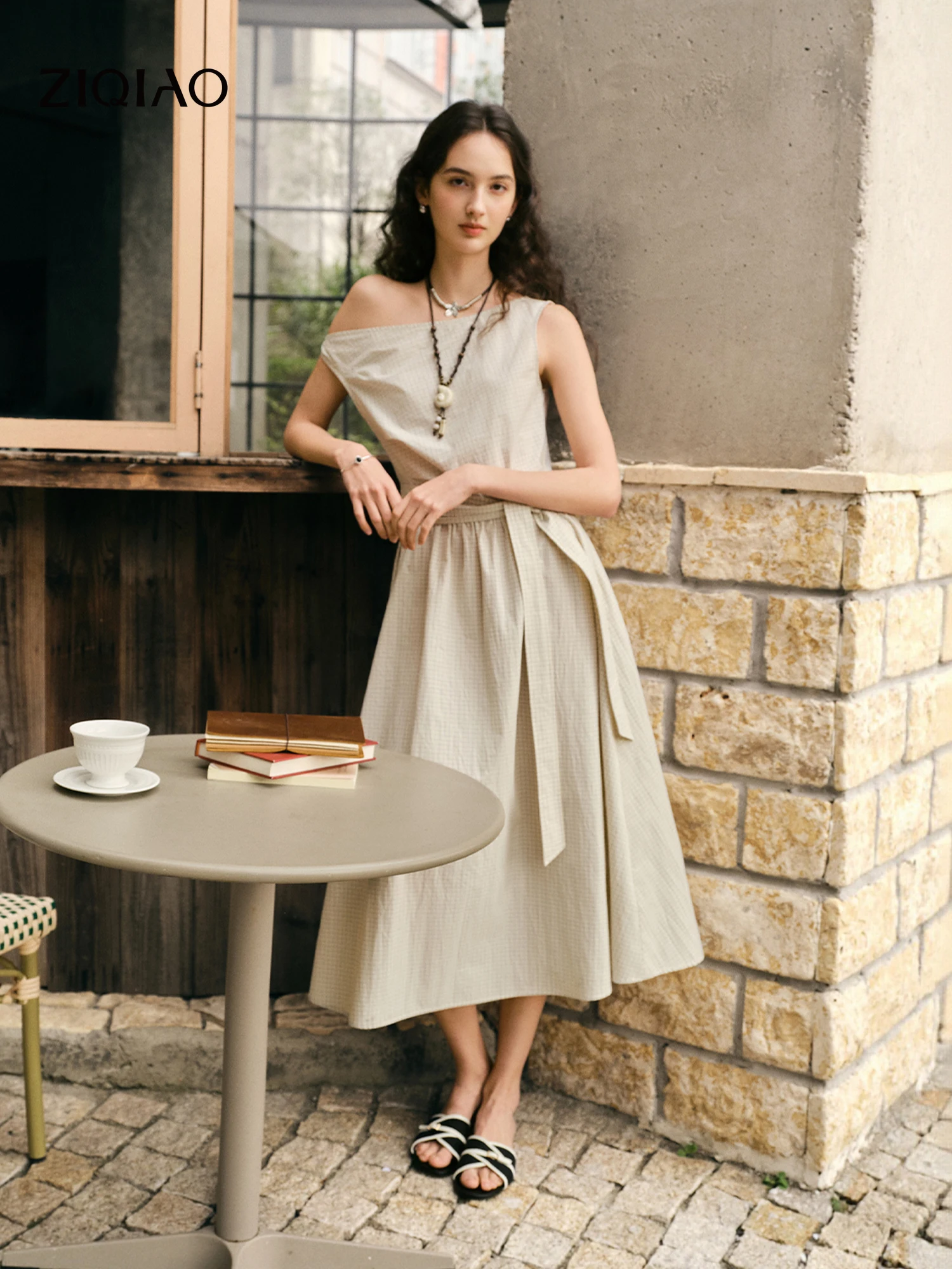 ZIQIAO Women's 2026 Summer New Style One-Shoulder Plaid Cotton Dress with Waist-cinching A-line Elegant French Style Holiday Ins