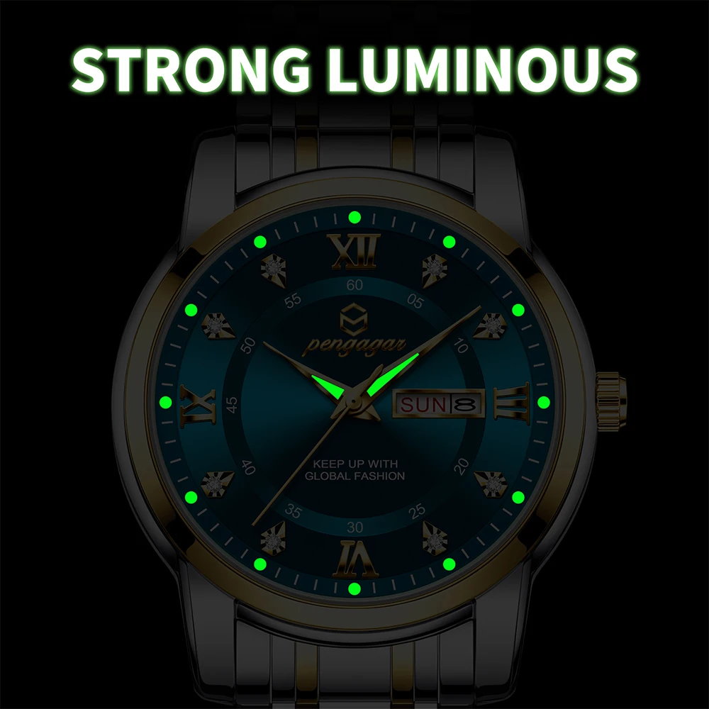 PENGAGAR High-grade Atmosphere Watch For Man Date Week Waterproof Luminous Watch Quartz Stainless Steel Sports Men Watches reloj