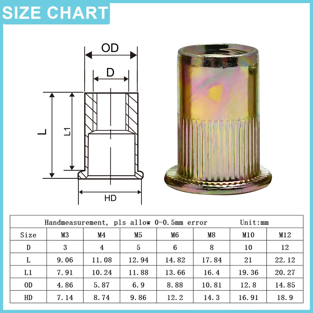 20-500pcs Carbon Steel Flat Rivet Nut M3 M4 M5 M6 M8 M10 M12 Galvanized  Flat Head Threaded Rivet Insert Nutsert Cap Rivets Nuts