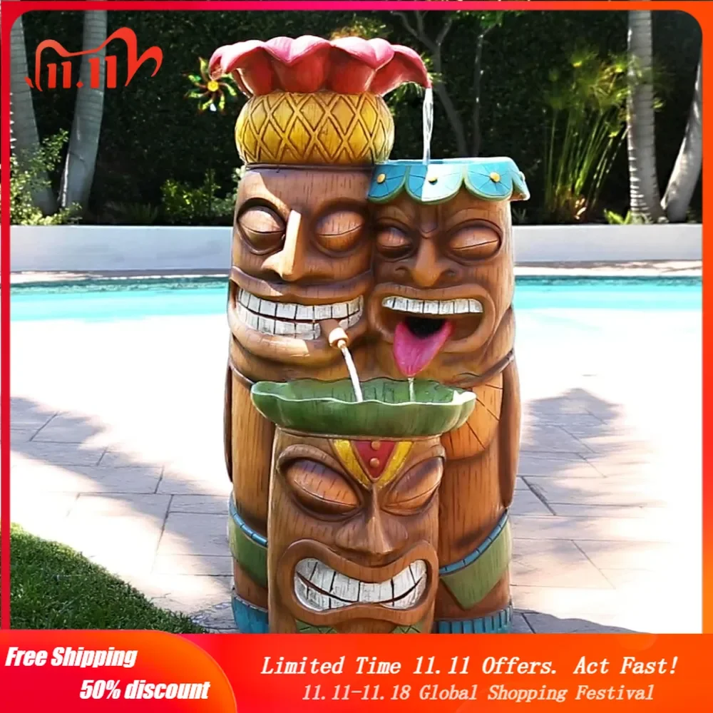 LIZ142L Indoor/Outdoor Floor 3-Tiered Colorful Tiki Head Water Fountain, Tropical Tiki Waterfall, 35