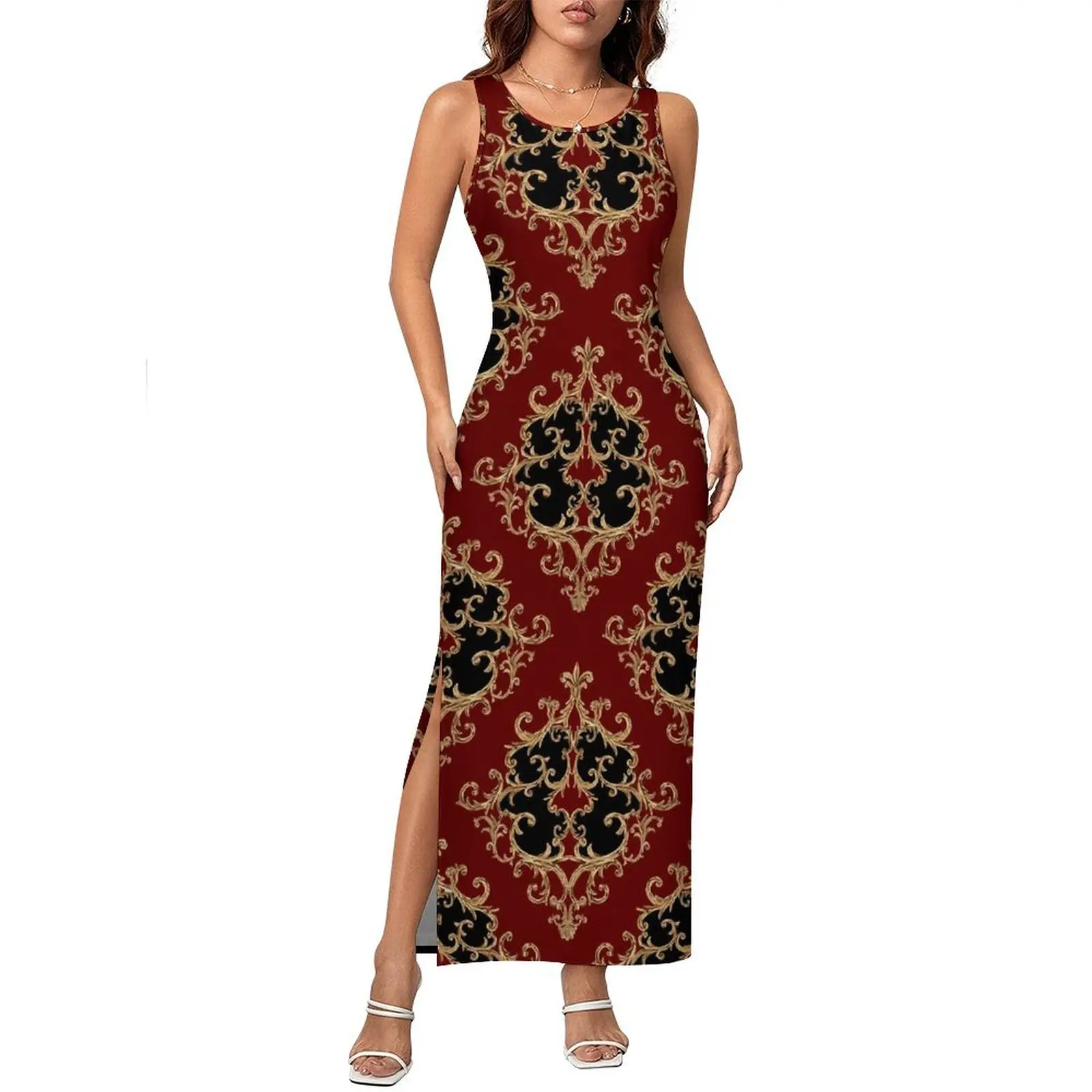 Abito con stampa barocca senza maniche oro nero damascato club party maxi abiti estivi moda coreana abito aderente personalizzato di grandi dimensioni