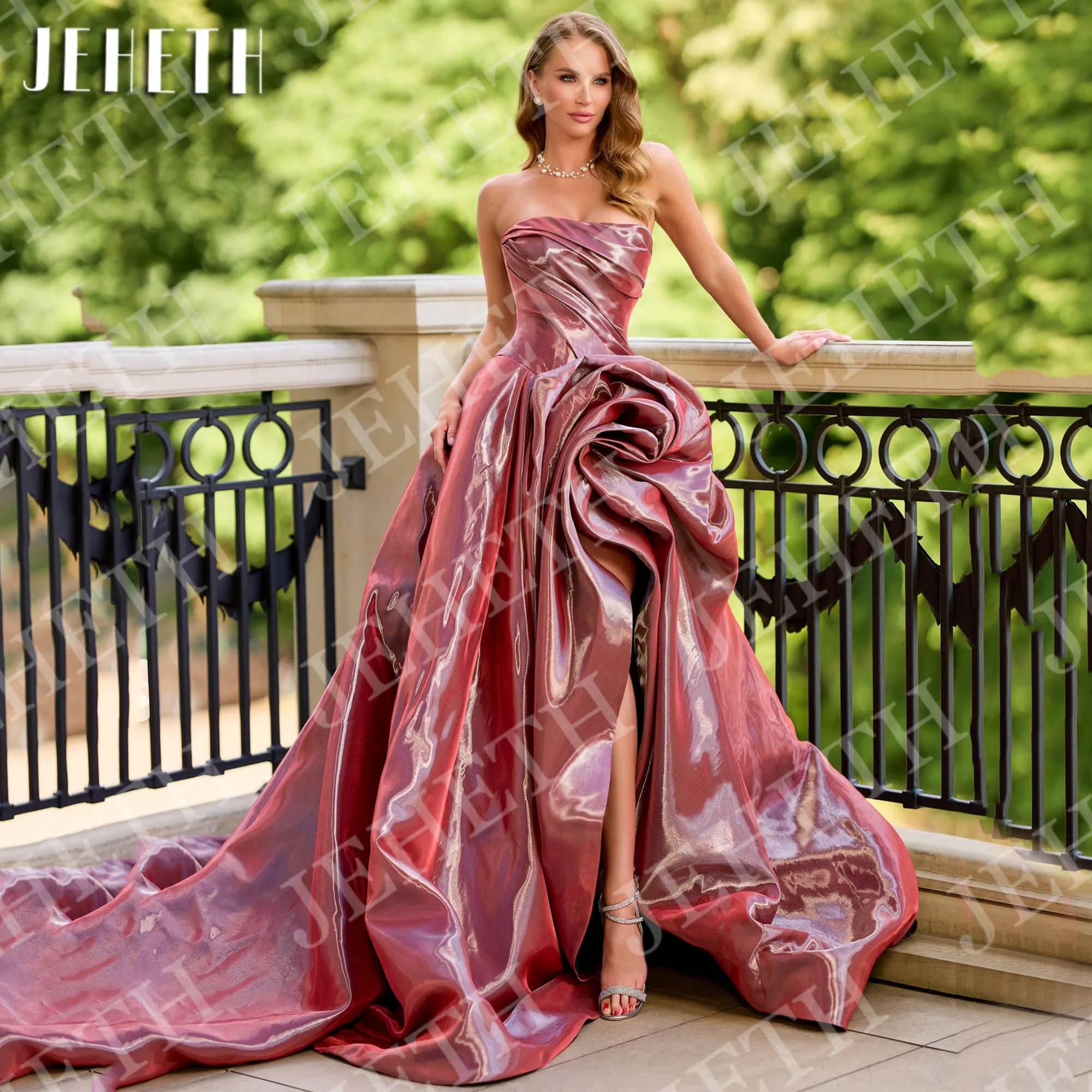 JEHETH Prom Dresses Strapless Arabic Woman Burgundy Satin High Slit Formal Evening Dress Sleeveless Customized فستان سهرة نسائي